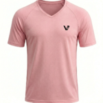 A high-performance men's athletic v-neck t-shirt featuring a minimalist chest logo and a modern curved longline hem for an elongated silhouette.