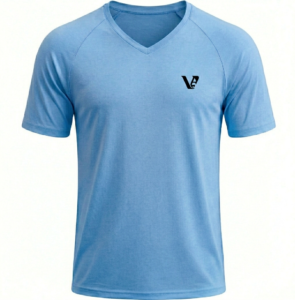 A high-performance men's athletic v-neck t-shirt featuring a minimalist chest logo and a modern curved longline hem for an elongated silhouette.