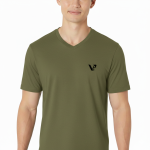 A male model wearing a premium lightweight cotton jersey v-neck t-shirt with a minimalist black logo on the left chest, featuring a modern fit and clean design.