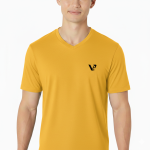 A male model wearing a premium lightweight cotton jersey v-neck t-shirt with a minimalist black logo on the left chest, featuring a modern fit and clean design.