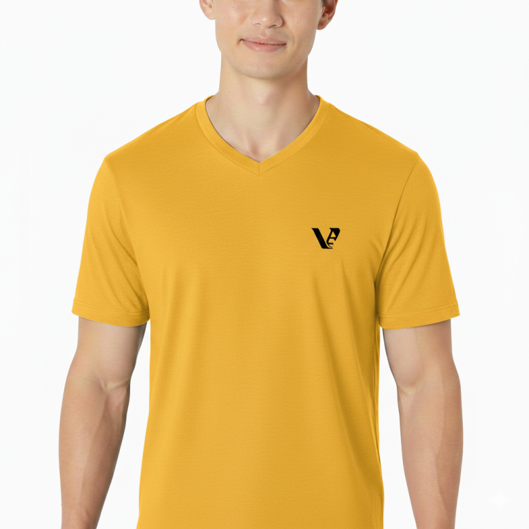 A male model wearing a premium lightweight cotton jersey v-neck t-shirt with a minimalist black logo on the left chest, featuring a modern fit and clean design.