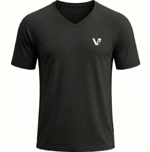 A high-quality men's v-neck t-shirt with a minimalist chest logo, featuring a classic regular fit and straight-cut bottom hem.
