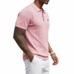 A men's short-sleeve performance polo shirt featuring a textured pique knit, a three-button placket, and a classic straight-cut bottom hem.