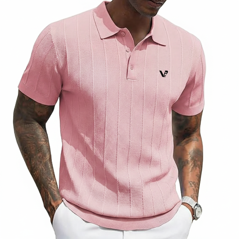 A men's short-sleeve performance polo shirt featuring a textured pique knit, a three-button placket, and a classic straight-cut bottom hem.