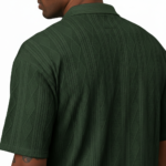 A high-stretch men's muscle-fit v-neck t-shirt featuring a vertical ribbed knit texture and a modern curved longline bottom hem.