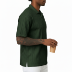 A high-stretch men's muscle-fit v-neck t-shirt featuring a vertical ribbed knit texture and a modern curved longline bottom hem.