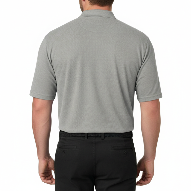 A high-quality men's performance polo shirt with a three-button placket, a minimalist chest logo, and a traditional straight-cut bottom hem.