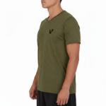 A high-performance men's dry-fit moisture-wicking athletic t-shirt featuring a v-neckline, chest logo, and a modern curved bottom hem.