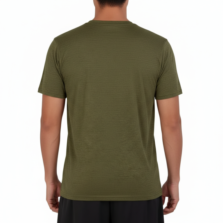 A high-performance men's dry-fit moisture-wicking athletic t-shirt featuring a v-neckline, chest logo, and a modern curved bottom hem.
