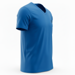 A high-quality v-neck lightweight cotton jersey t-shirt mockup featuring a minimalist logo on the chest, displayed from a side-angle view on a clean white background.