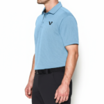 A high-performance men's technical golf polo with a three-button placket, minimalist chest logo, and a traditional straight-cut bottom hem.