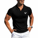 A high-performance men's muscle slim-fit ribbed polo shirt featuring a textured knit, a minimalist chest logo, and a modern curved bottom hem.