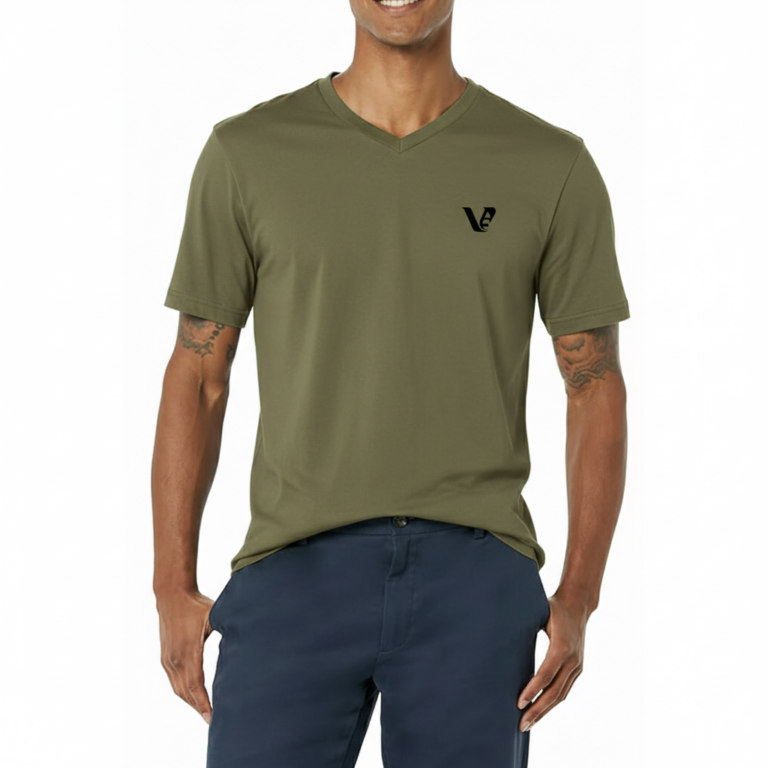 A high-quality men's short-sleeve v-neck t-shirt featuring a minimalist chest logo and a classic straight-cut bottom hem for a clean, regular fit.