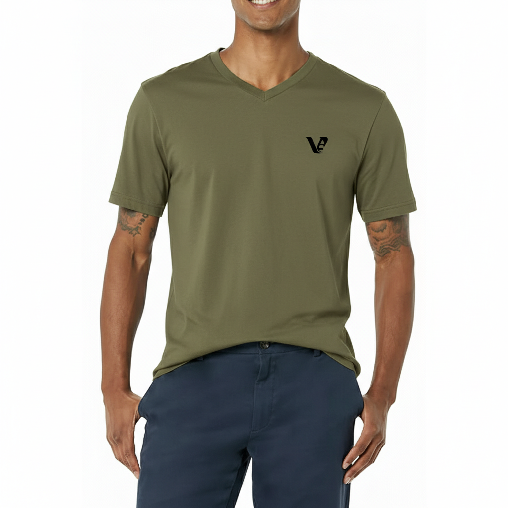 100% Cotton Short-Sleeve V-Neck T-Shirt A high-quality men's short-sleeve v-neck t-shirt featuring a minimalist chest logo and a classic straight-cut bottom hem for a clean, regular fit.