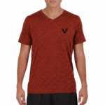 A high-performance men's dry-fit moisture-wicking athletic t-shirt featuring a v-neckline, chest logo, and a modern curved bottom hem.