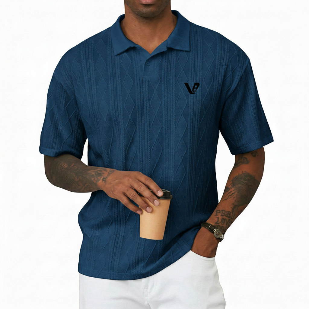 Men’s Muscle Fit Stretch Polo Shirt A high-stretch men's muscle-fit v-neck t-shirt featuring a vertical ribbed knit texture and a modern curved longline bottom hem.