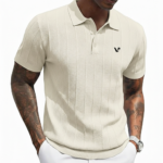 A men's short-sleeve performance polo shirt featuring a textured pique knit, a three-button placket, and a classic straight-cut bottom hem.