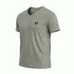 A high-quality short sleeve v-neck t-shirt with a minimalist logo on the chest and a modern curved hem design.