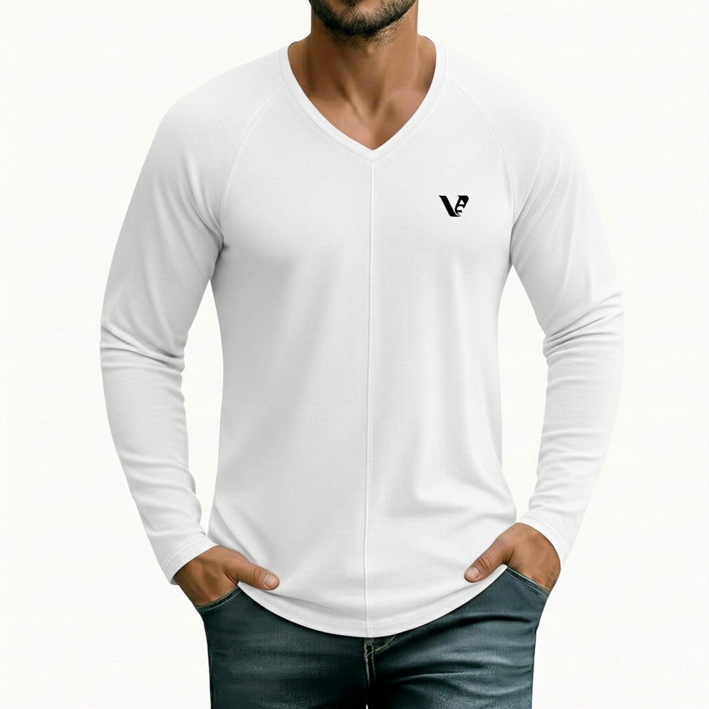 Men’s Athletic Full Sleeve V-Neck T-Shirt A high-performance men's muscle slim-fit t-shirt featuring a minimalist chest logo and a modern curved longline hem for an elongated silhouette.