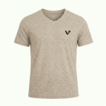 A high-quality short sleeve v-neck t-shirt with a minimalist logo on the chest and a modern curved hem design.