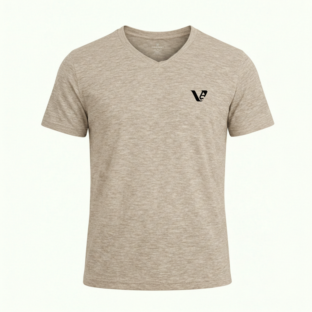 Breathable & Modern Cotton Short Sleeve V-Neck T-Shirt A high-quality short sleeve v-neck t-shirt with a minimalist logo on the chest and a modern curved hem design.