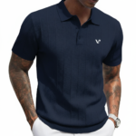 A men's short-sleeve performance polo shirt featuring a textured pique knit, a three-button placket, and a classic straight-cut bottom hem.
