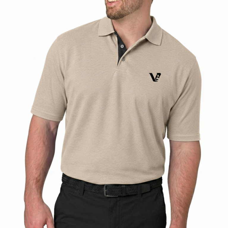 A high-quality men's performance polo shirt with a three-button placket, a minimalist chest logo, and a traditional straight-cut bottom hem.