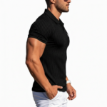 A high-performance men's muscle slim-fit ribbed polo shirt featuring a textured knit, a minimalist chest logo, and a modern curved bottom hem.