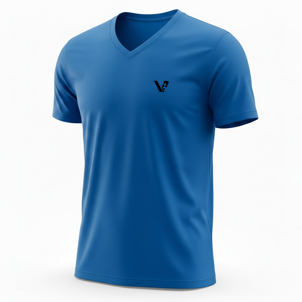 A high-quality v-neck lightweight cotton jersey t-shirt mockup featuring a minimalist logo on the chest, displayed from a side-angle view on a clean white background.