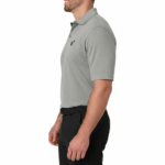 A high-quality men's performance polo shirt with a three-button placket, a minimalist chest logo, and a traditional straight-cut bottom hem.
