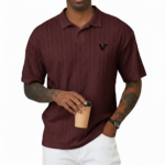 A high-stretch men's muscle-fit v-neck t-shirt featuring a vertical ribbed knit texture and a modern curved longline bottom hem.