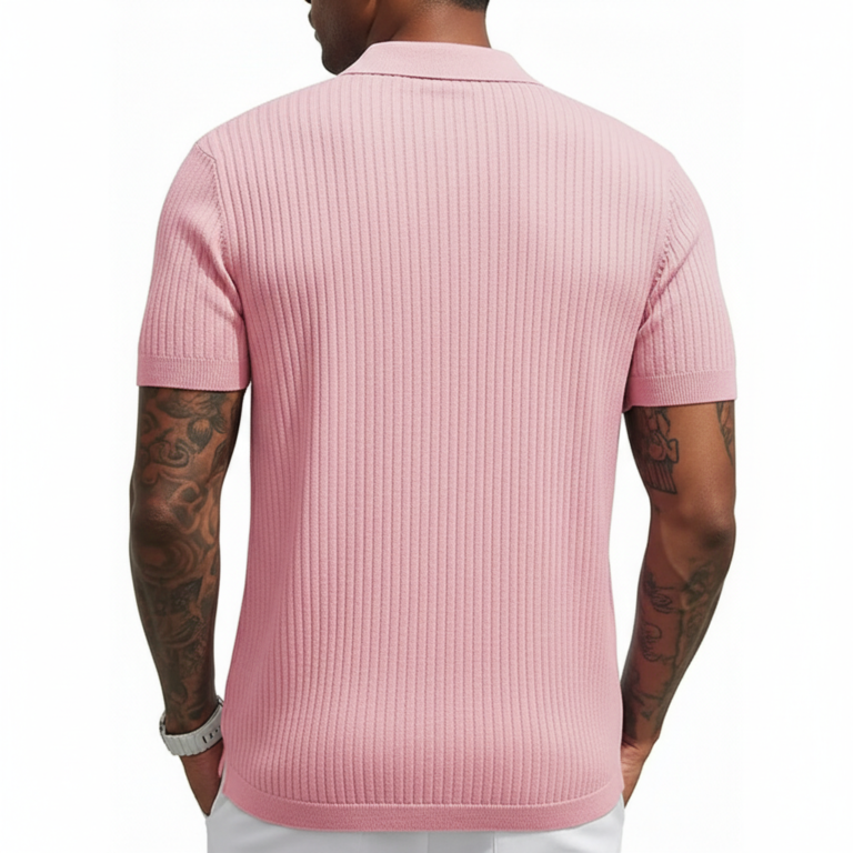 A men's short-sleeve performance polo shirt featuring a textured pique knit, a three-button placket, and a classic straight-cut bottom hem.