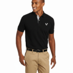 A premium men's short-sleeve pique polo shirt featuring a two-button closure, a minimalist chest logo, and a traditional straight-cut hem with side slits.