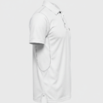 A high-performance men's technical golf polo with a three-button placket, minimalist chest logo, and a traditional straight-cut bottom hem.