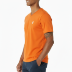 A high-quality men's short-sleeve v-neck t-shirt featuring a minimalist chest logo and a classic straight-cut bottom hem for a clean, regular fit.