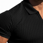 A high-performance men's muscle slim-fit ribbed polo shirt featuring a textured knit, a minimalist chest logo, and a modern curved bottom hem.