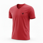 A high-quality v-neck lightweight cotton jersey t-shirt mockup featuring a minimalist logo on the chest, displayed from a side-angle view on a clean white background.