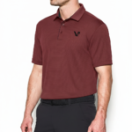 A high-performance men's technical golf polo with a three-button placket, minimalist chest logo, and a traditional straight-cut bottom hem.