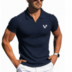 A high-performance men's muscle slim-fit ribbed polo shirt featuring a textured knit, a minimalist chest logo, and a modern curved bottom hem.