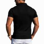A high-performance men's muscle slim-fit ribbed polo shirt featuring a textured knit, a minimalist chest logo, and a modern curved bottom hem.