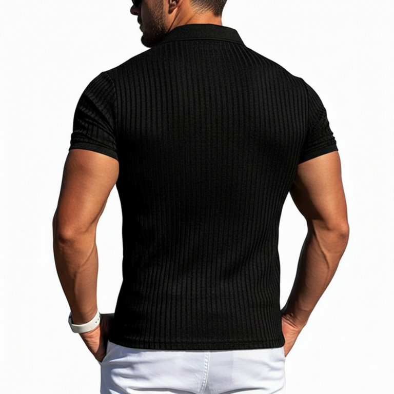 A high-performance men's muscle slim-fit ribbed polo shirt featuring a textured knit, a minimalist chest logo, and a modern curved bottom hem.