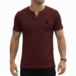 A high-performance men's muscle slim fit ribbed t-shirt featuring a split v-neck design and a modern curved longline hem.