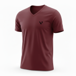 A high-quality v-neck lightweight cotton jersey t-shirt mockup featuring a minimalist logo on the chest, displayed from a side-angle view on a clean white background.
