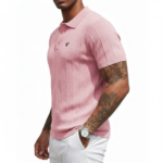 A men's short-sleeve performance polo shirt featuring a textured pique knit, a three-button placket, and a classic straight-cut bottom hem.