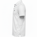A high-performance men's technical golf polo with a three-button placket, minimalist chest logo, and a traditional straight-cut bottom hem.