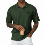 A high-stretch men's muscle-fit v-neck t-shirt featuring a vertical ribbed knit texture and a modern curved longline bottom hem.