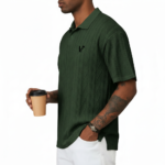 A high-stretch men's muscle-fit v-neck t-shirt featuring a vertical ribbed knit texture and a modern curved longline bottom hem.