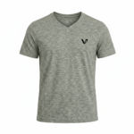 A high-quality short sleeve v-neck t-shirt with a minimalist logo on the chest and a modern curved hem design.