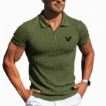 A high-performance men's muscle slim-fit ribbed polo shirt featuring a textured knit, a minimalist chest logo, and a modern curved bottom hem.