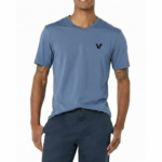 A high-quality men's short-sleeve v-neck t-shirt featuring a minimalist chest logo and a classic straight-cut bottom hem for a clean, regular fit.